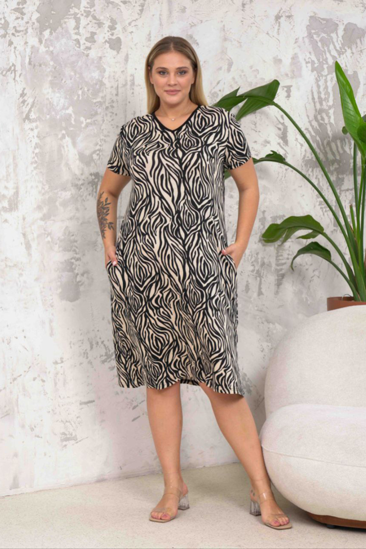 Stretch Fabric Patterned Plus Size Dress - Black - Mode Roy - Globality Store - Women Clothes Wholesale Turkey
