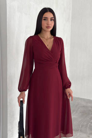 Lined Chiffon Dress - Claret Red - Mode Roy - Globality Store - Women Clothes Wholesale Turkey