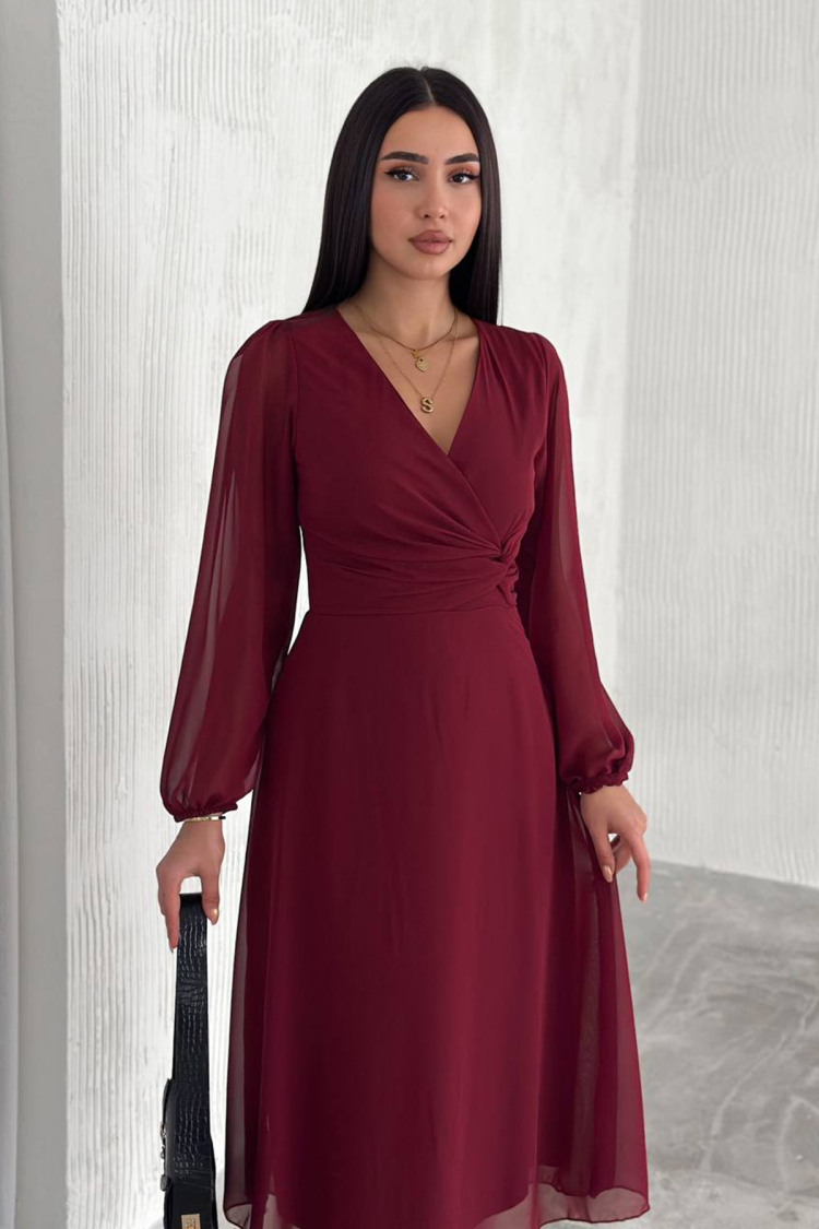 Lined Chiffon Dress - Claret Red