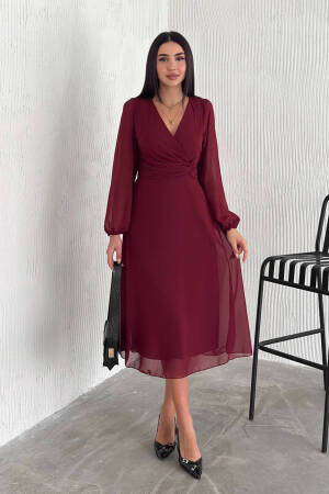 Lined Chiffon Dress - Claret Red - Mode Roy - Globality Store - Women Clothes Wholesale Turkey