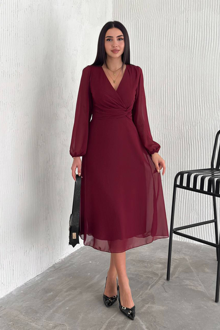 Lined Chiffon Dress - Claret Red