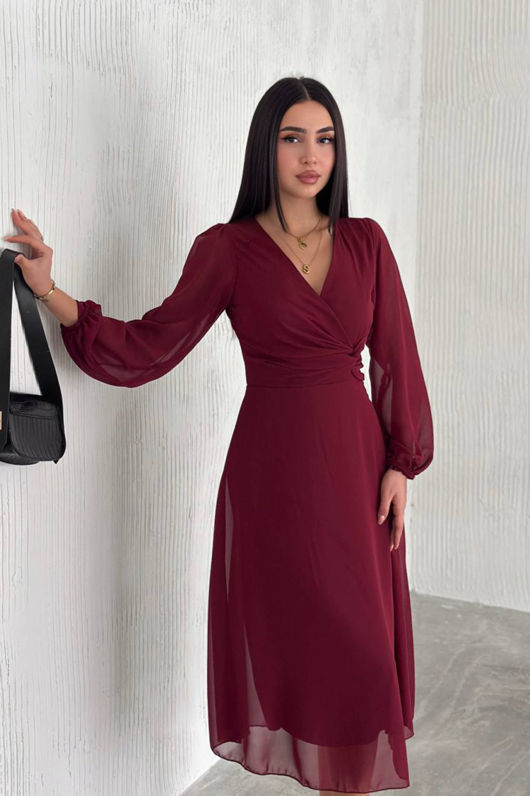 Lined Chiffon Dress - Claret Red - Mode Roy - Globality Store - Women Clothes Wholesale Turkey