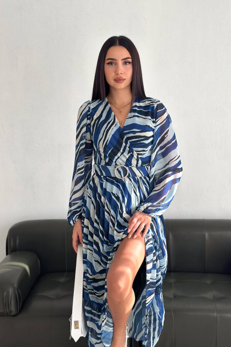 Double Breasted Pleated Midi Chiffon Dress - Mode Roy - Globality Store - Women Clothes Wholesale Turkey