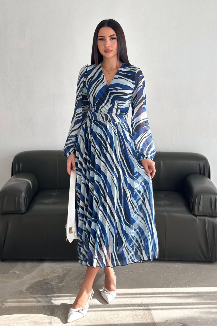 Double Breasted Pleated Midi Chiffon Dress