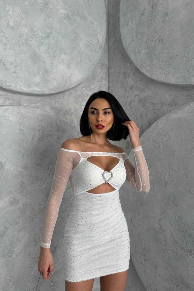 Glittery Low Cut Mini Dress - White