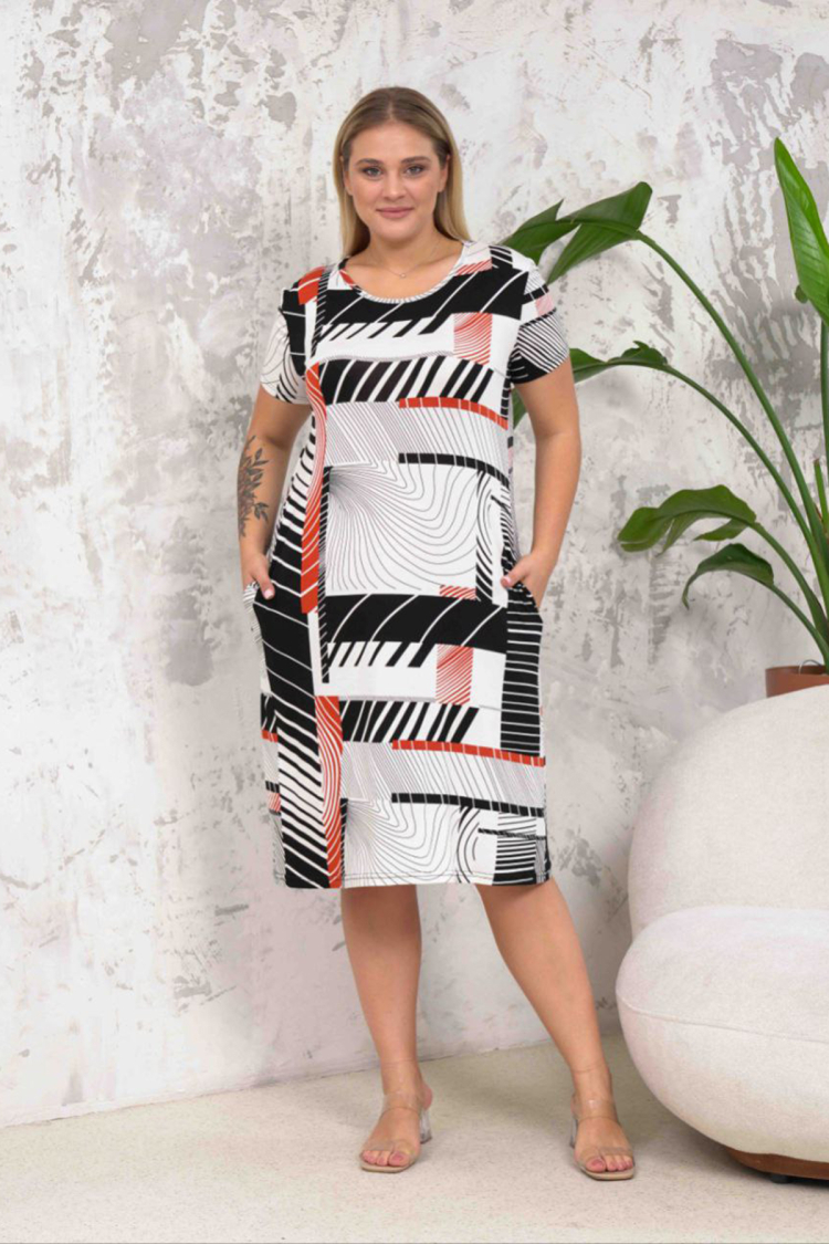 Crew Neck Pocket Plus Size Dress - Ecru - Mode Roy - Globality Store - Women Clothes Wholesale Turkey