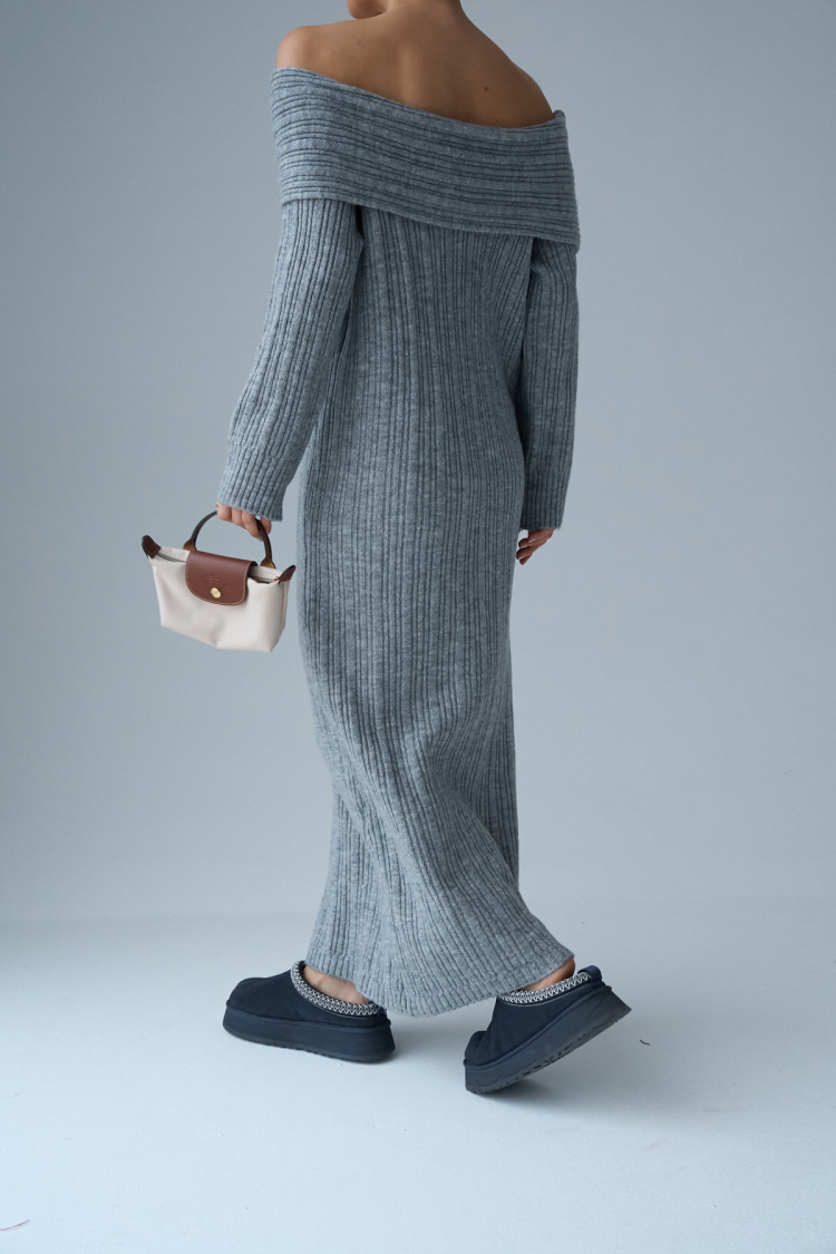 Cowl Neck Dress - Gray - Qustyle - Globality Store - Women Clothes Wholesale Turkey