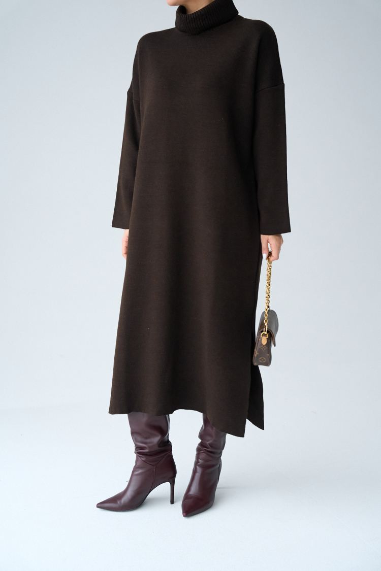 Turtleneck Belted Dress - Dark - Qustyle - Globality Store - Women Clothes Wholesale Turkey