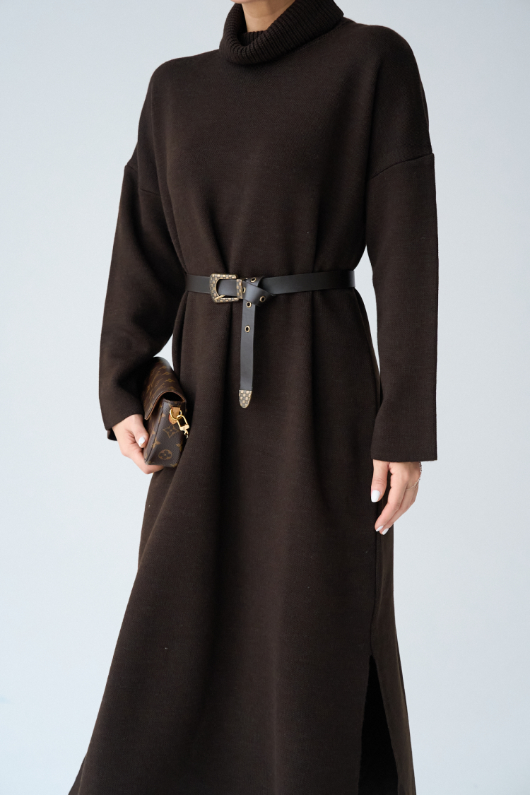 Turtleneck Belted Dress - Dark