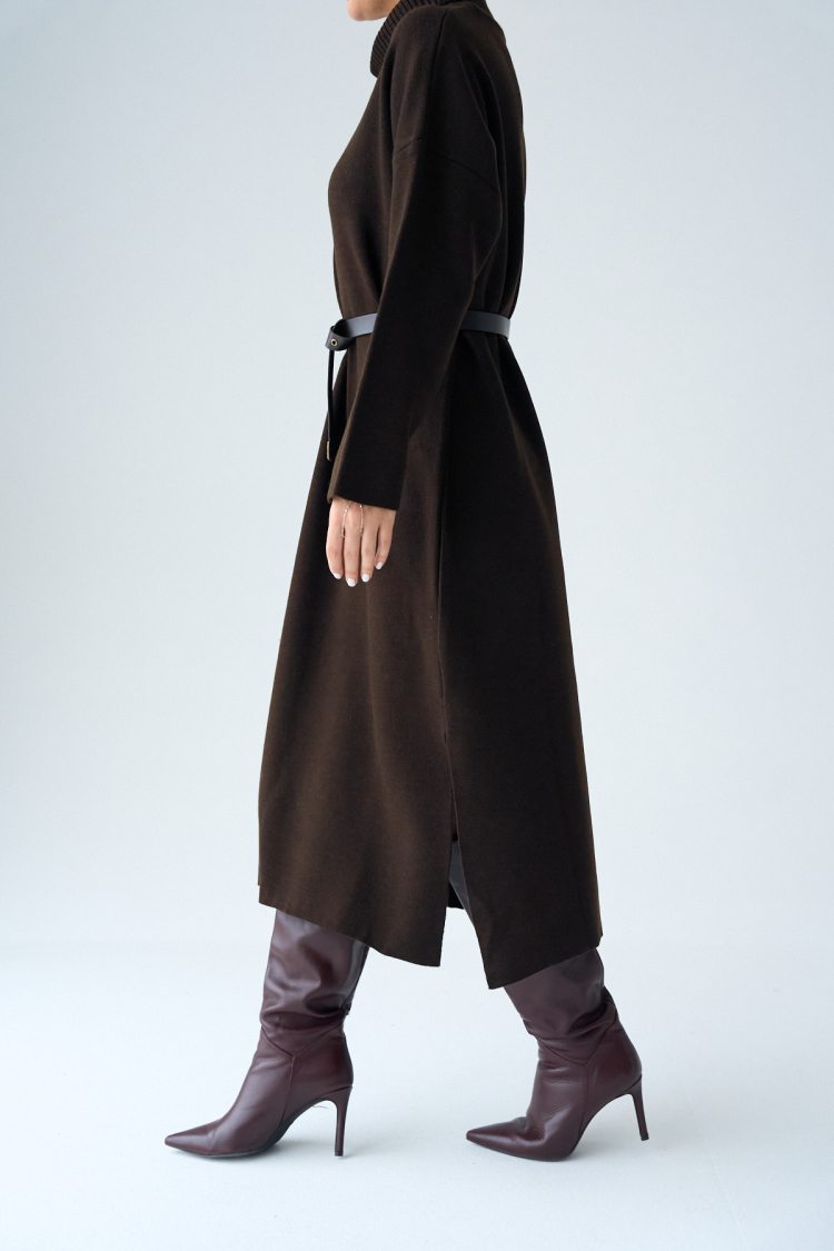 Turtleneck Belted Dress - Dark