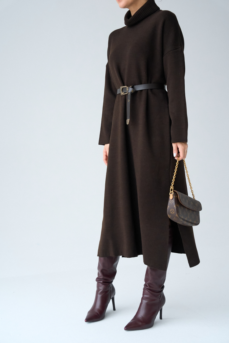 Turtleneck Belted Dress - Dark