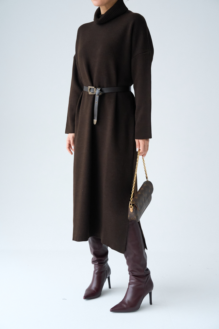 Turtleneck Belted Dress - Dark