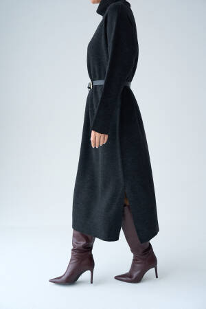 Turtleneck Belted Dress - Dark - Qustyle - Globality Store - Women Clothes Wholesale Turkey
