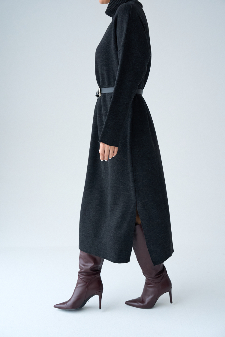 Turtleneck Belted Dress - Dark