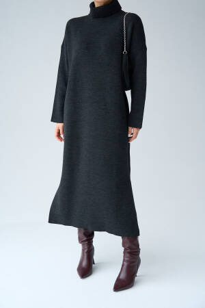 Turtleneck Belted Dress - Dark - Qustyle - Globality Store - Women Clothes Wholesale Turkey