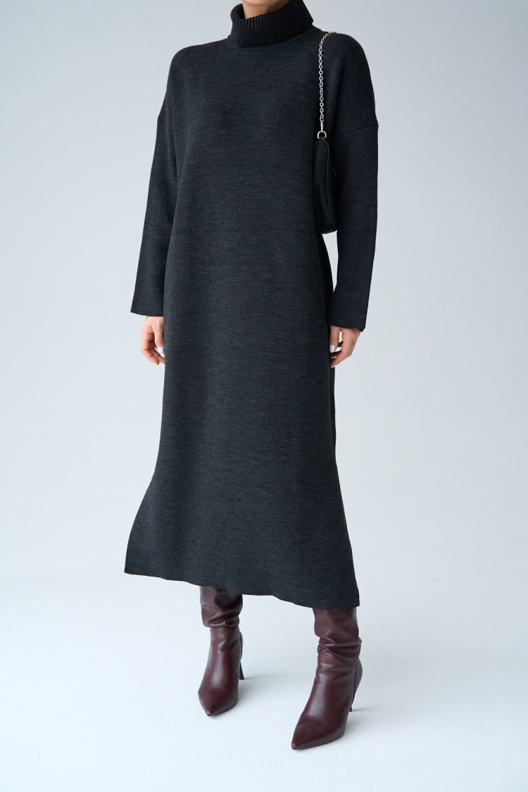 Turtleneck Belted Dress - Dark - Qustyle - Globality Store - Women Clothes Wholesale Turkey
