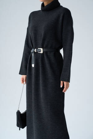 Turtleneck Belted Dress - Dark - Qustyle - Globality Store - Women Clothes Wholesale Turkey