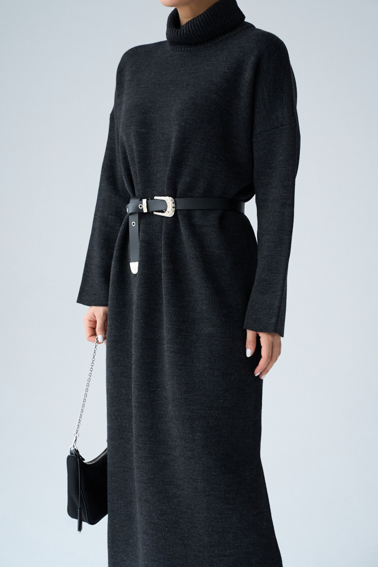 Turtleneck Belted Dress - Dark