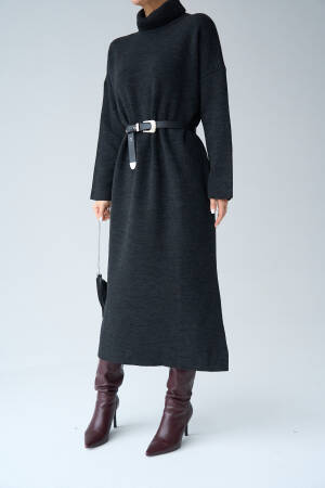 Turtleneck Belted Dress - Dark - Qustyle - Globality Store - Women Clothes Wholesale Turkey