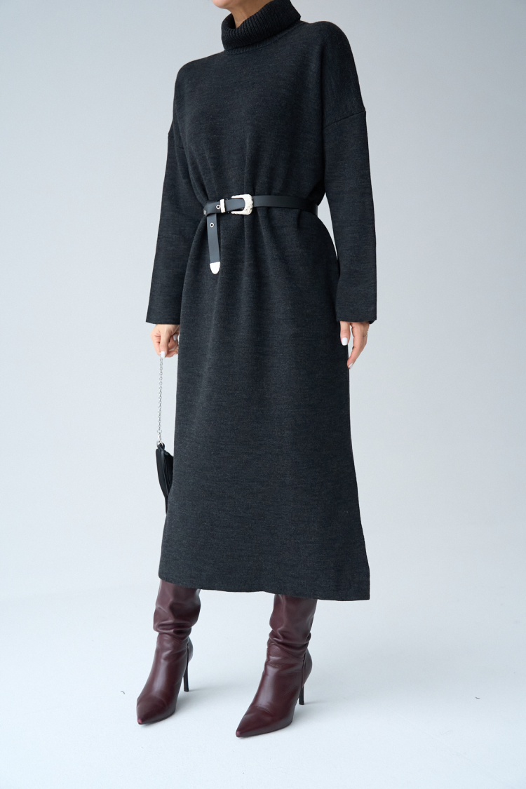 Turtleneck Belted Dress - Dark