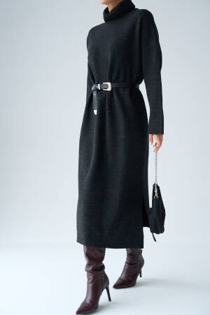 Turtleneck Belted Dress - Dark - Qustyle - Globality Store - Women Clothes Wholesale Turkey