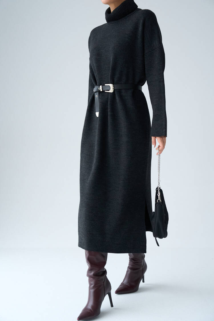 Turtleneck Belted Dress - Dark