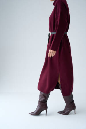 Turtleneck Belted Dress - Burgundy - Qustyle - Globality Store - Women Clothes Wholesale Turkey