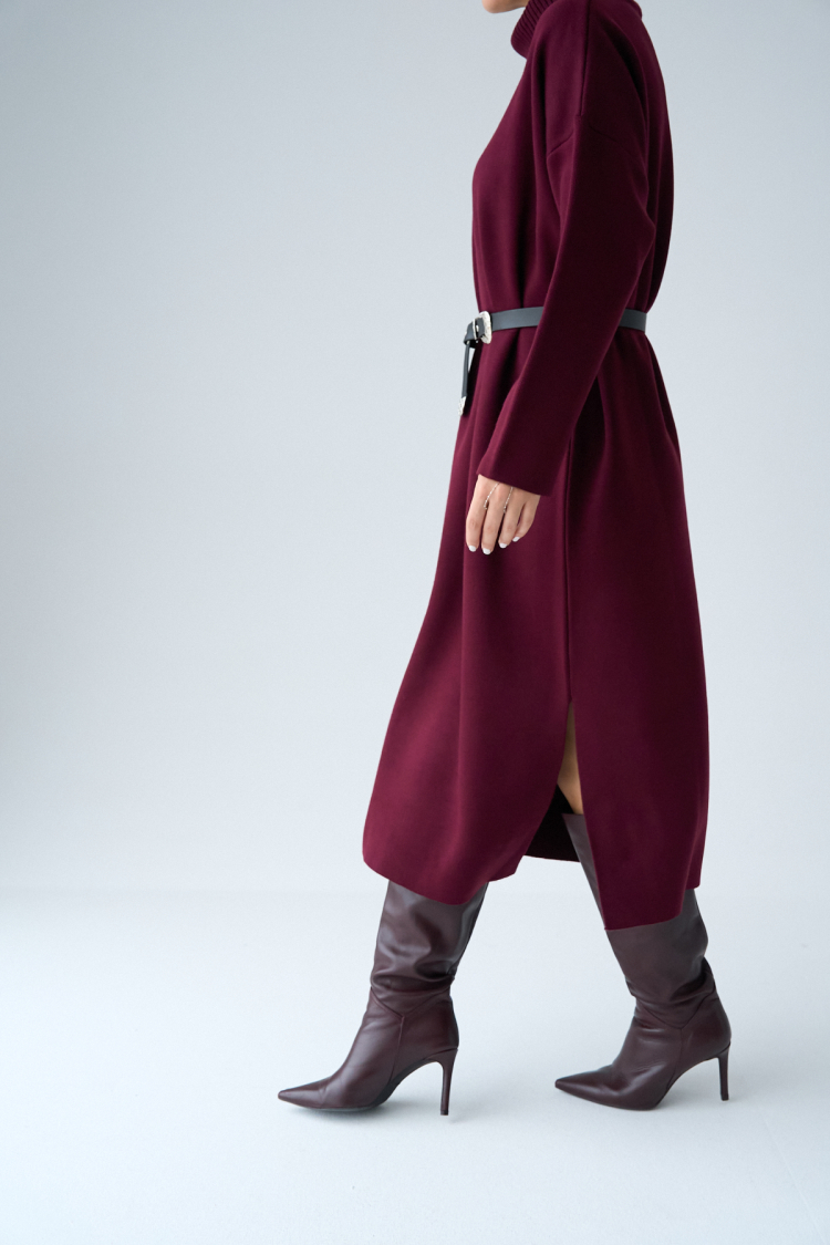 Turtleneck Belted Dress - Burgundy - Qustyle - Globality Store - Women Clothes Wholesale Turkey