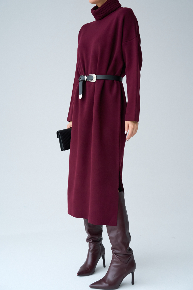 Turtleneck Belted Dress - Burgundy