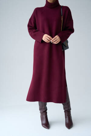 Turtleneck Belted Dress - Burgundy - Qustyle - Globality Store - Women Clothes Wholesale Turkey