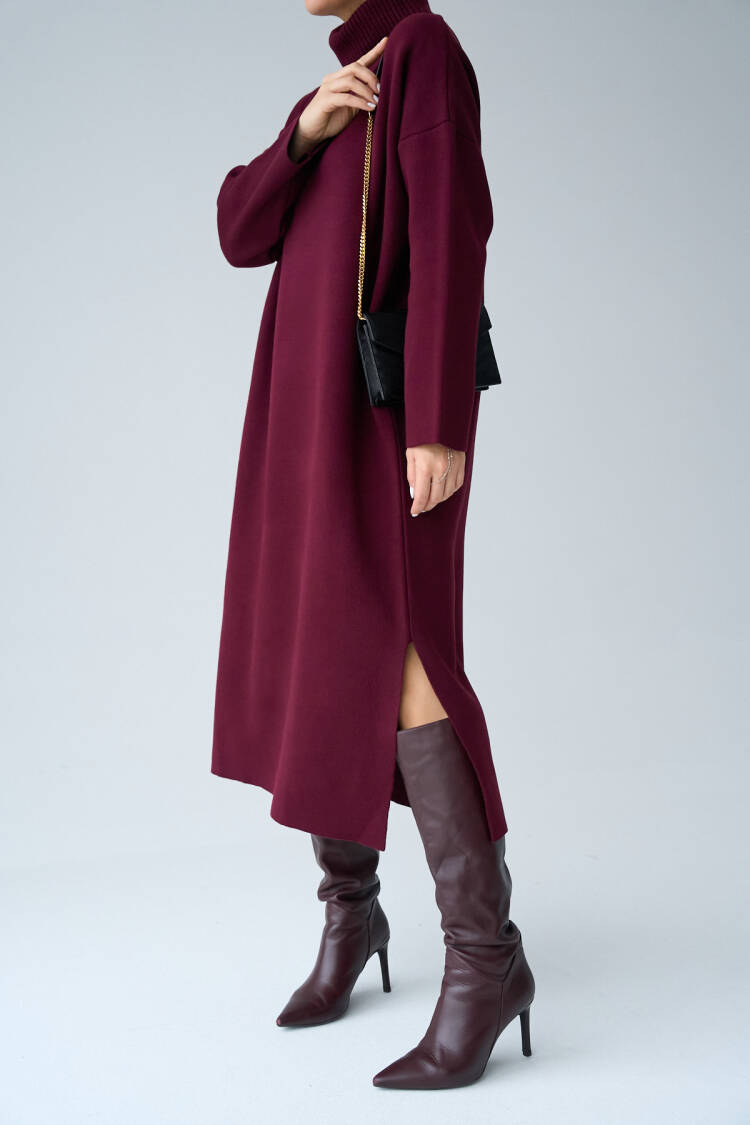 Turtleneck Belted Dress - Burgundy