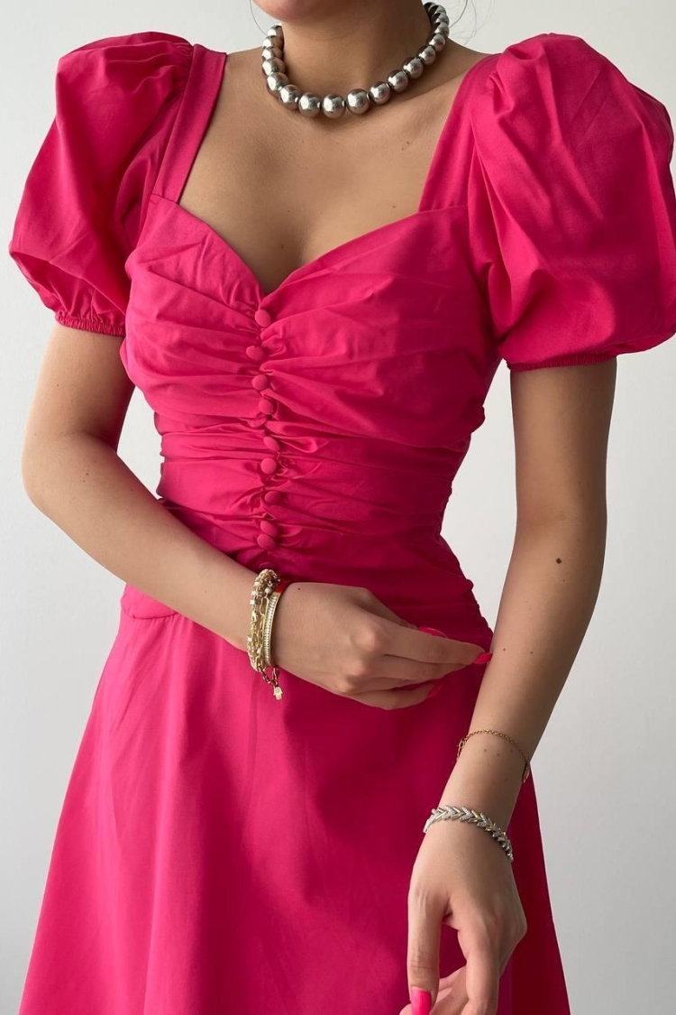 Square Neck Buttoned Dress - Etika - Globality Store - Women Clothes Wholesale Turkey
