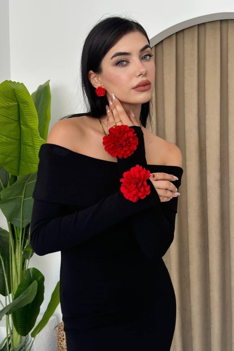 Rose Detail Dress - Black - Etika - Globality Store - Women Clothes Wholesale Turkey