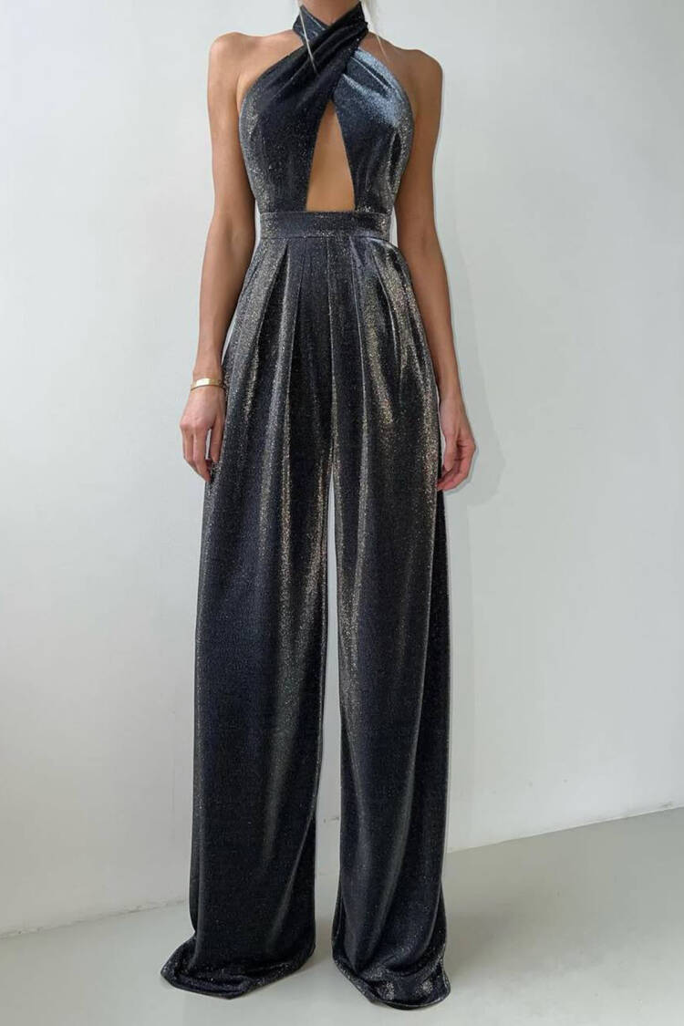 Glitter Palazzo Back Cross Detailed Jumpsuit