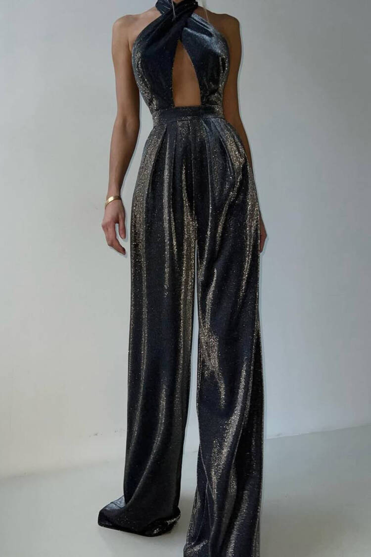 Glitter Palazzo Back Cross Detailed Jumpsuit