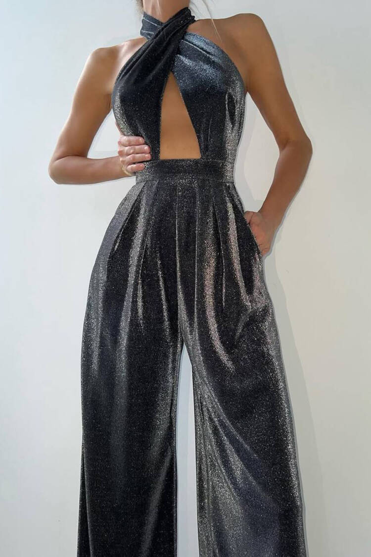 Glitter Palazzo Back Cross Detailed Jumpsuit - Mode Roy - Globality Store - Women Clothes Wholesale Turkey