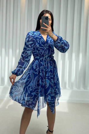 Asymmetrical Lined Chiffon Dress - Blue - Mode Roy - Globality Store - Women Clothes Wholesale Turkey