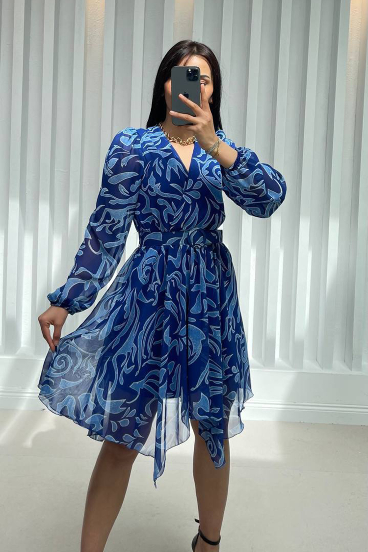 Asymmetrical Lined Chiffon Dress - Blue