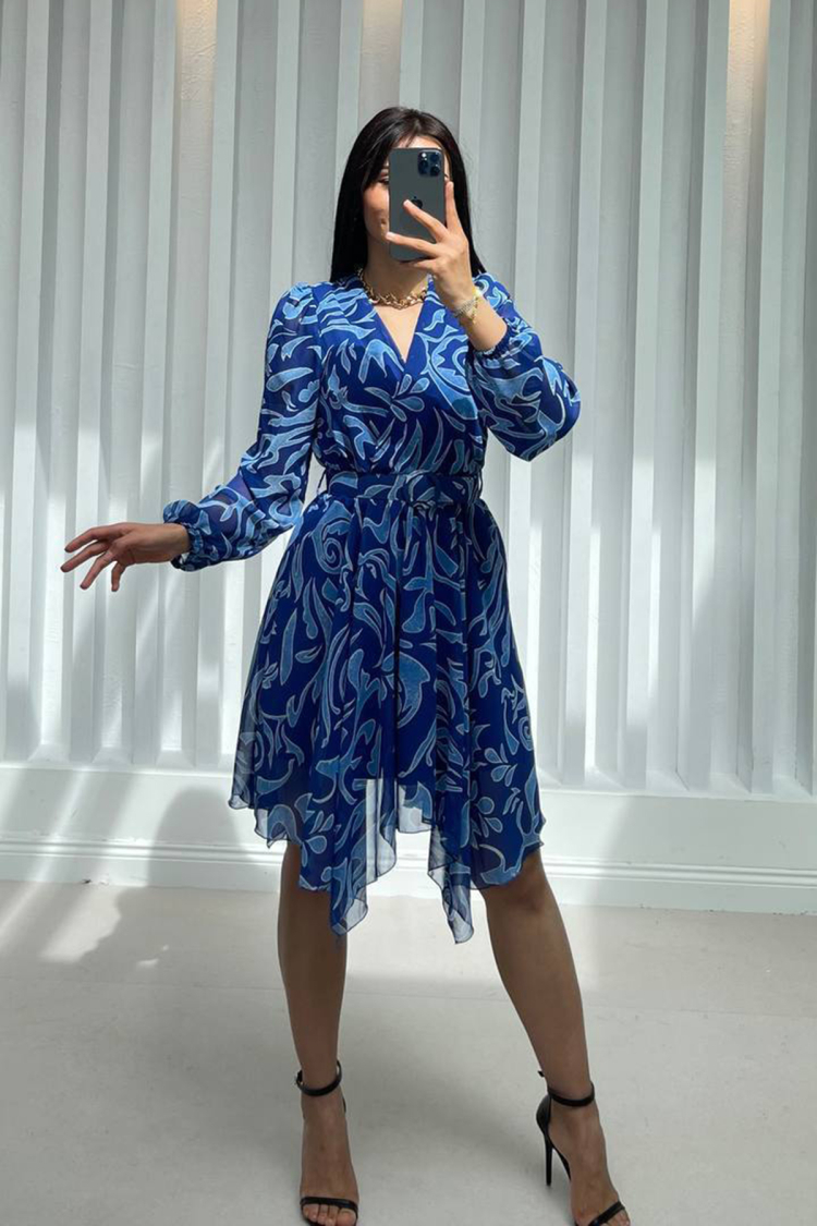 Asymmetrical Lined Chiffon Dress - Blue - Mode Roy - Globality Store - Women Clothes Wholesale Turkey
