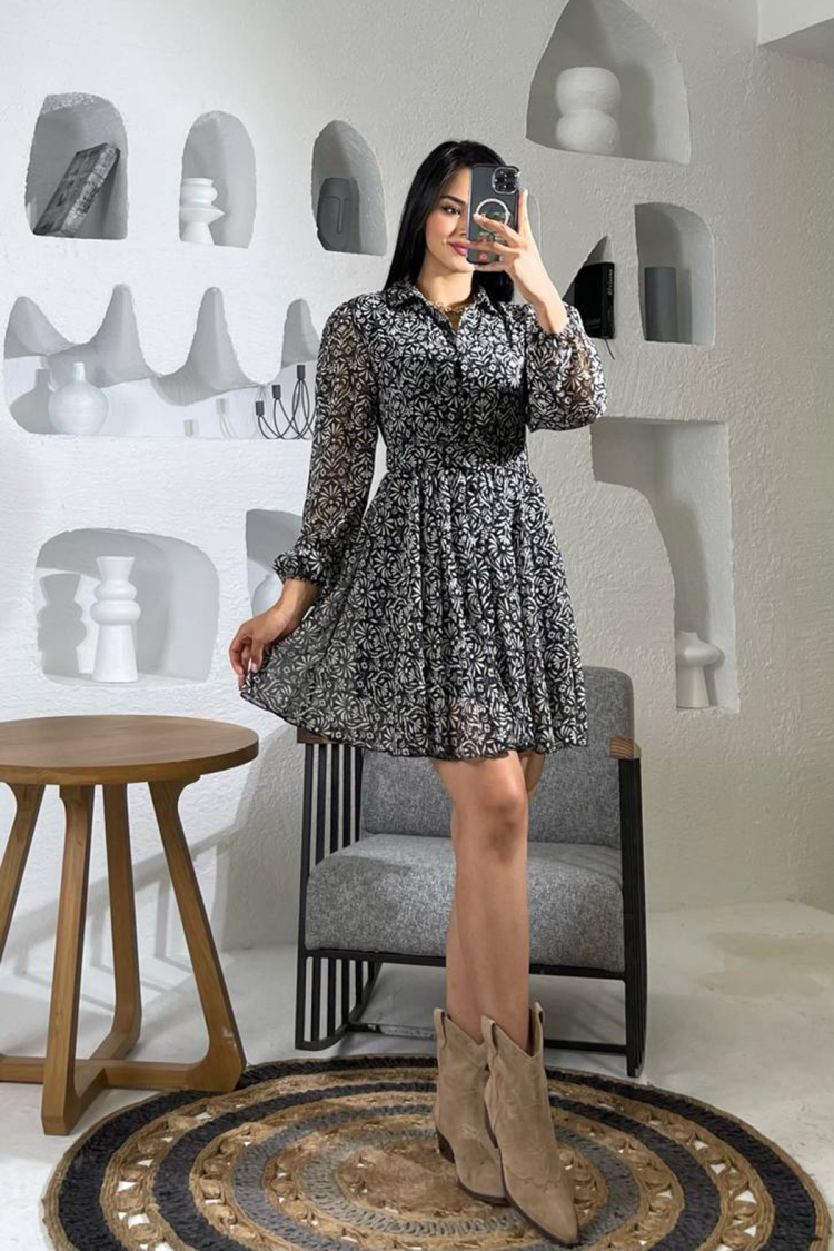 Shirt Collar Lined Chiffon Dress