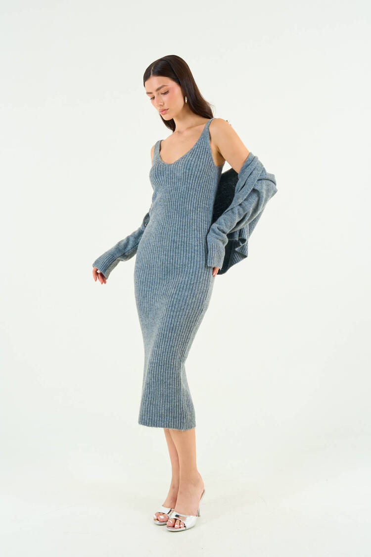 Rose Detailed Dress Cardigan Set - Gray - Qustyle - Globality Store - Women Clothes Wholesale Turkey