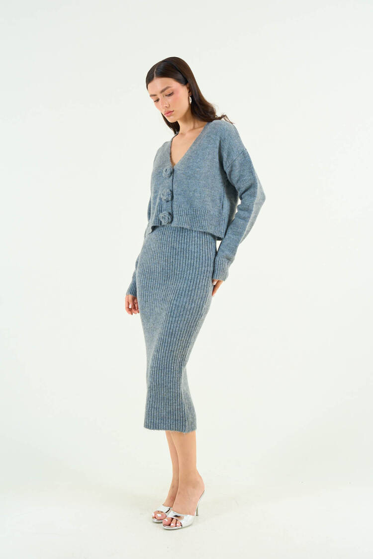Rose Detailed Dress Cardigan Set - Gray