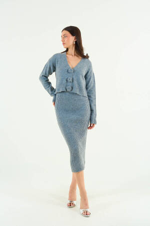 Rose Detailed Dress Cardigan Set - Gray - Qustyle - Globality Store - Women Clothes Wholesale Turkey