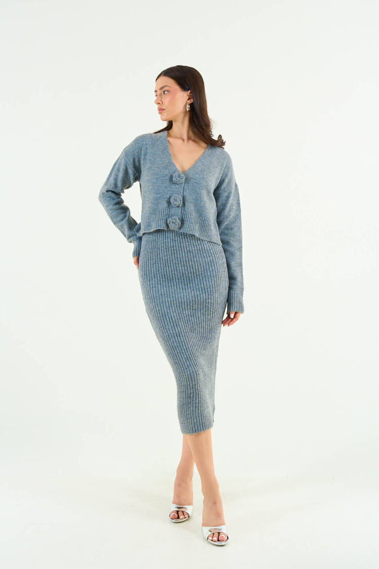 Rose Detailed Dress Cardigan Set - Gray