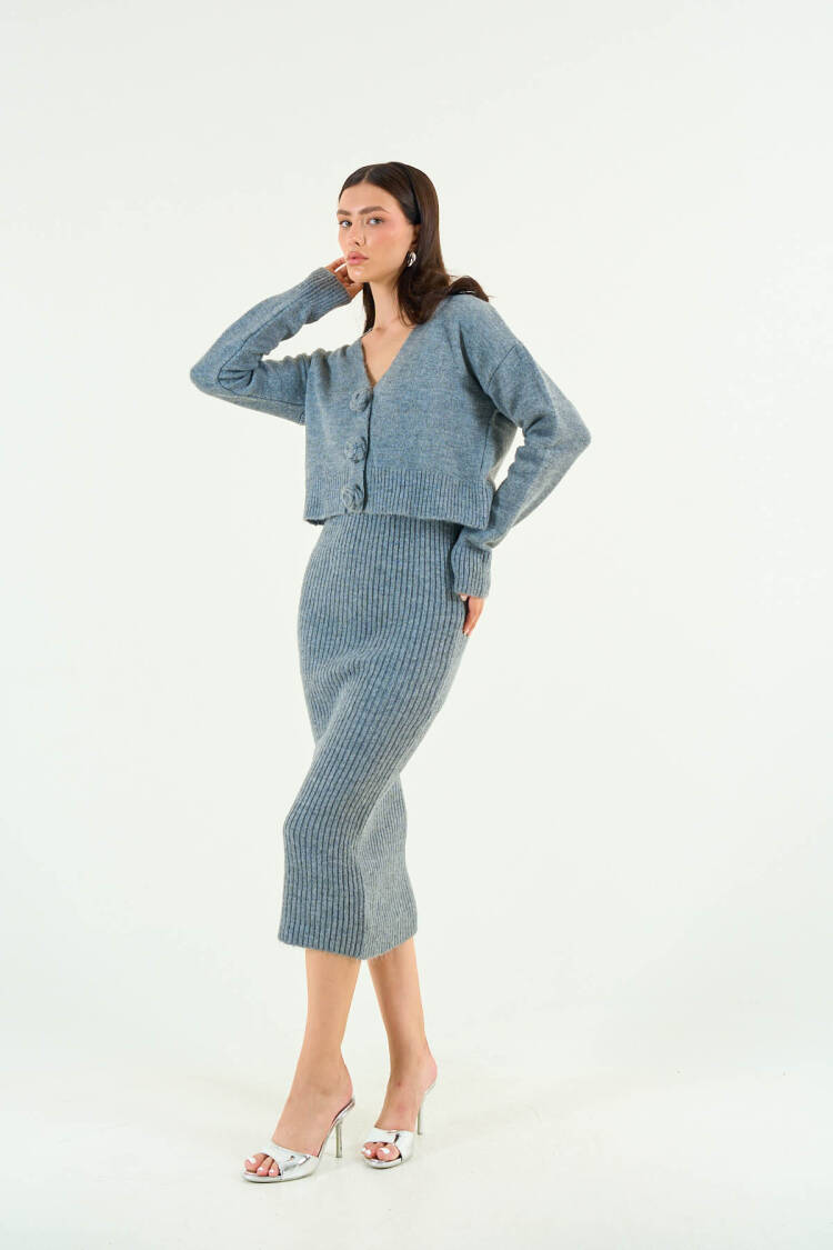 Rose Detailed Dress Cardigan Set - Gray