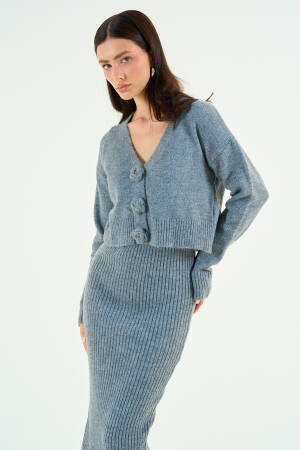 Rose Detailed Dress Cardigan Set - Gray - Qustyle - Globality Store - Women Clothes Wholesale Turkey