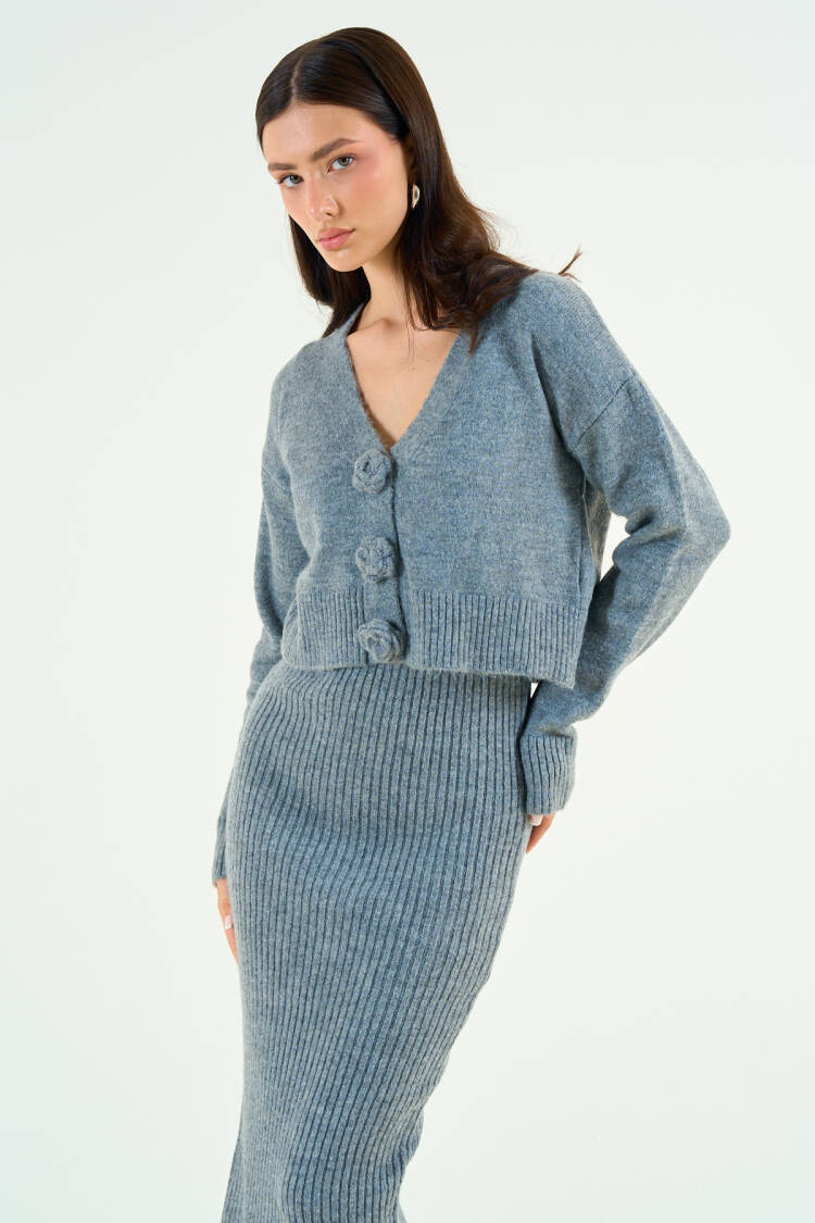 Rose Detailed Dress Cardigan Set - Gray