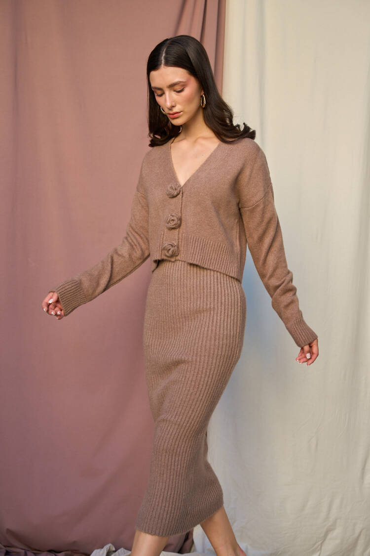Rose Detailed Dress Cardigan Set - Qustyle - Globality Store - Women Clothes Wholesale Turkey