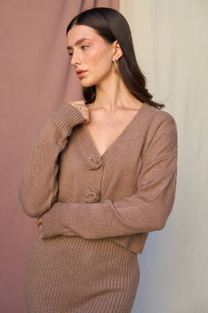 Rose Detailed Dress Cardigan Set - Qustyle - Globality Store - Women Clothes Wholesale Turkey