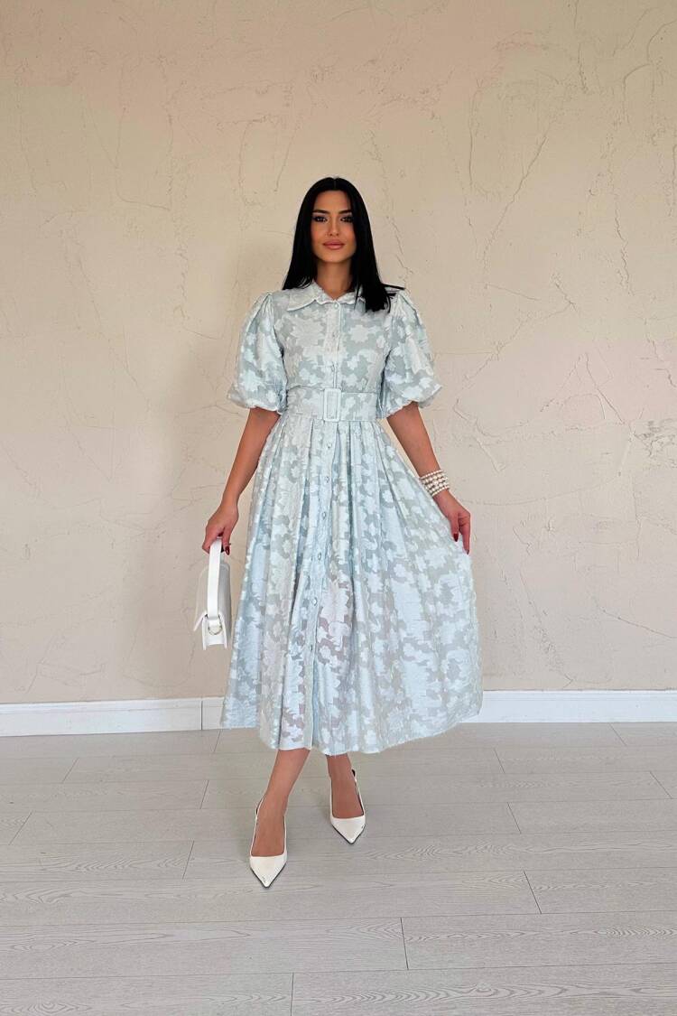 Belted Balloon Sleeve Dress - Elisa - Globality Store - Women Clothes Wholesale Turkey